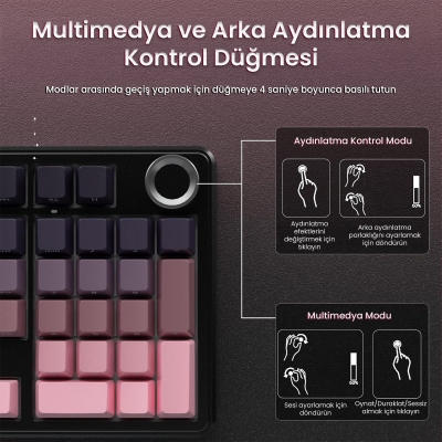 Aula F99 Pro 3 Modlu RGB Hot Swap Mekanik Reaper Switch Kablosuz Makrolu Klavye Gradyan Pembe - 5