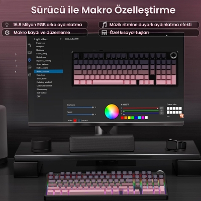 Aula F99 Pro 3 Modlu RGB Hot Swap Mekanik Reaper Switch Kablosuz Makrolu Klavye Gradyan Pembe - 6