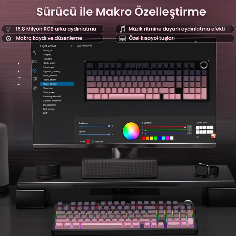 Aula F99 Pro 3 Modlu RGB Hot Swap Mekanik Reaper Switch Kablosuz Makrolu Klavye Gradyan Pembe - 6