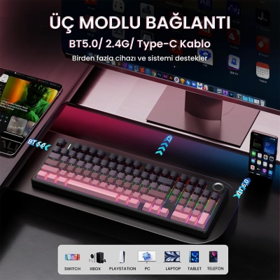 Aula F99 Pro 3 Modlu RGB Hot Swap Mekanik Reaper Switch Kablosuz Makrolu Klavye Gradyan Pembe - 3