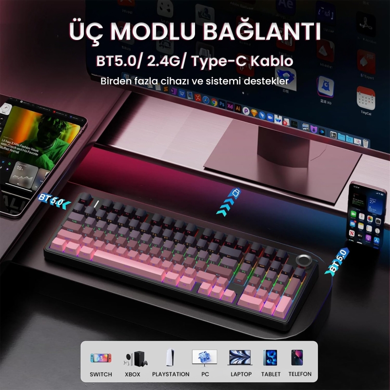 Aula F99 Pro 3 Modlu RGB Hot Swap Mekanik Reaper Switch Kablosuz Makrolu Klavye Gradyan Pembe - 3