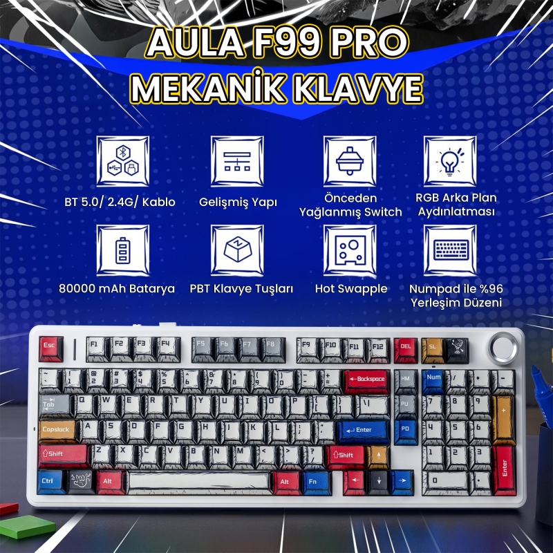 Aula F99 Pro 3 Modlu RGB Hot Swap Mekanik Star Vector Switch Kablosuz Makrolu Klavye Comic - 2