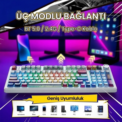 Aula F99 Pro 3 Modlu RGB Hot Swap Mekanik Star Vector Switch Kablosuz Makrolu Klavye Comic - 3