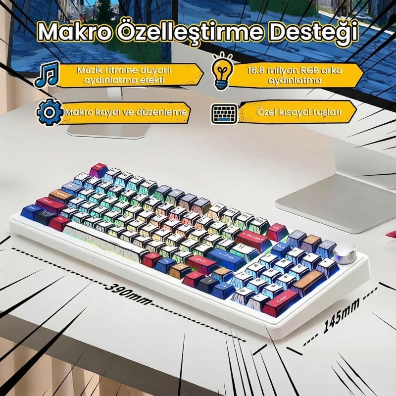 Aula F99 Pro 3 Modlu RGB Hot Swap Mekanik Star Vector Switch Kablosuz Makrolu Klavye Comic - 6