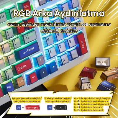 Aula F99 Pro 3 Modlu RGB Hot Swap Mekanik Star Vector Switch Kablosuz Makrolu Klavye Comic - 4