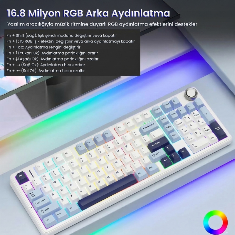 Aula F99 Pro 3 Modlu RGB Hot Swap Mekanik Star Vector Switch Kablosuz Makrolu Klavye Lacivert - 4
