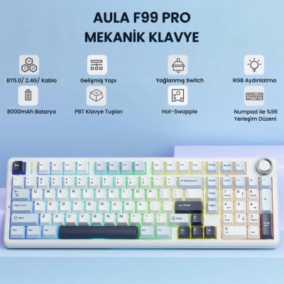 Aula F99 Pro 3 Modlu RGB Hot Swap Mekanik Star Vector Switch Kablosuz Makrolu Klavye Lacivert - 2