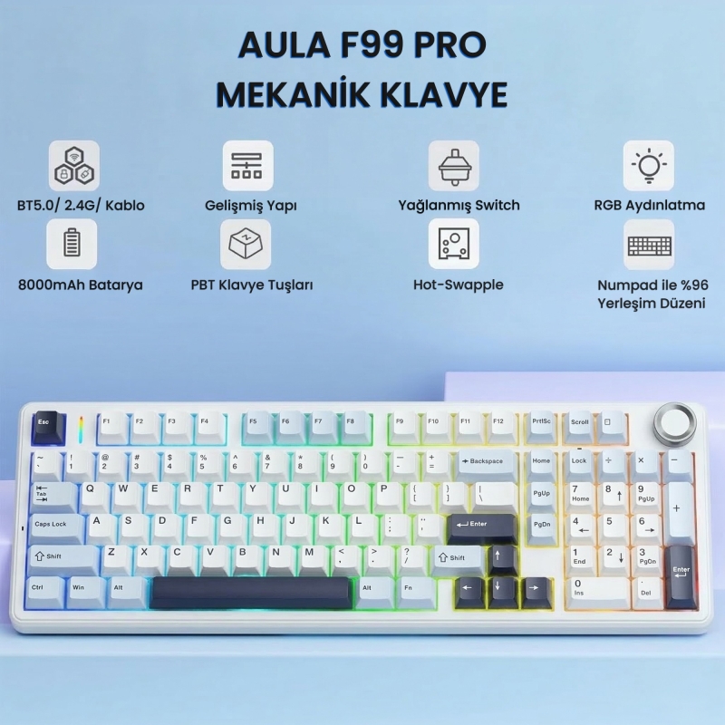 Aula F99 Pro 3 Modlu RGB Hot Swap Mekanik Star Vector Switch Kablosuz Makrolu Klavye Lacivert - 2