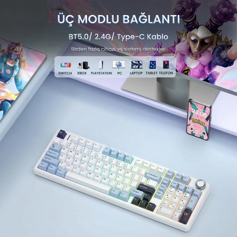 Aula F99 Pro 3 Modlu RGB Hot Swap Mekanik Star Vector Switch Kablosuz Makrolu Klavye Lacivert - 3
