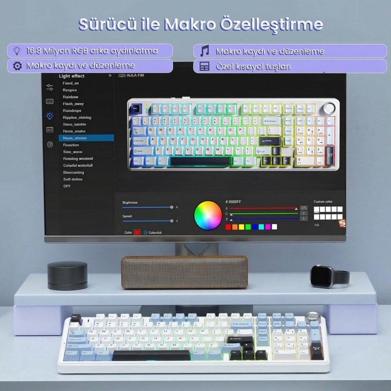 Aula F99 Pro 3 Modlu RGB Hot Swap Mekanik Star Vector Switch Kablosuz Makrolu Klavye Lacivert - 6