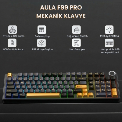 Aula F99 Pro 3 Modlu RGB Hot Swap Mekanik Star Vector Switch Kablosuz Makrolu Klavye Siyah - 2