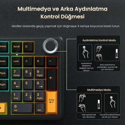 Aula F99 Pro 3 Modlu RGB Hot Swap Mekanik Star Vector Switch Kablosuz Makrolu Klavye Siyah - 5