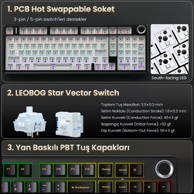 Aula F99 Pro 3 Modlu RGB Hot Swap Mekanik Star Vector Switch Kablosuz Makrolu Klavye Siyah - 7