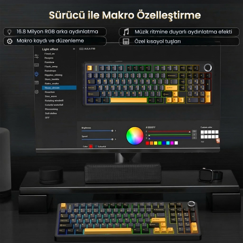 Aula F99 Pro 3 Modlu RGB Hot Swap Mekanik Star Vector Switch Kablosuz Makrolu Klavye Siyah - 8