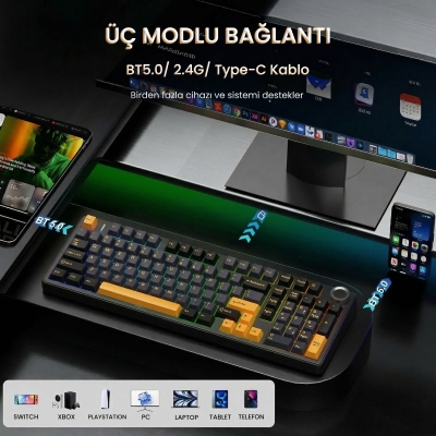 Aula F99 Pro 3 Modlu RGB Hot Swap Mekanik Star Vector Switch Kablosuz Makrolu Klavye Siyah - 3