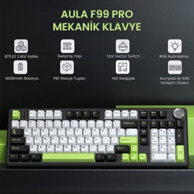 Aula F99 Pro 3 Modlu RGB Hot Swap Mekanik Star Vector Switch Kablosuz Makrolu Klavye Yesil - 2