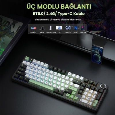 Aula F99 Pro 3 Modlu RGB Hot Swap Mekanik Star Vector Switch Kablosuz Makrolu Klavye Yesil - 3