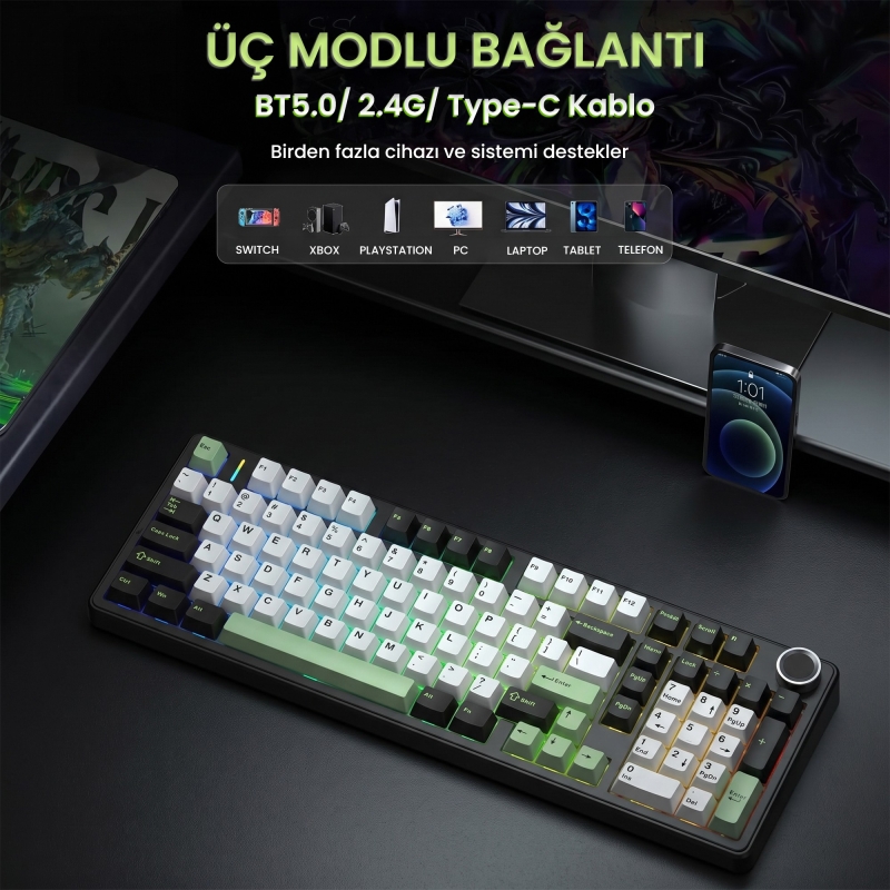 Aula F99 Pro 3 Modlu RGB Hot Swap Mekanik Star Vector Switch Kablosuz Makrolu Klavye Yesil - 3