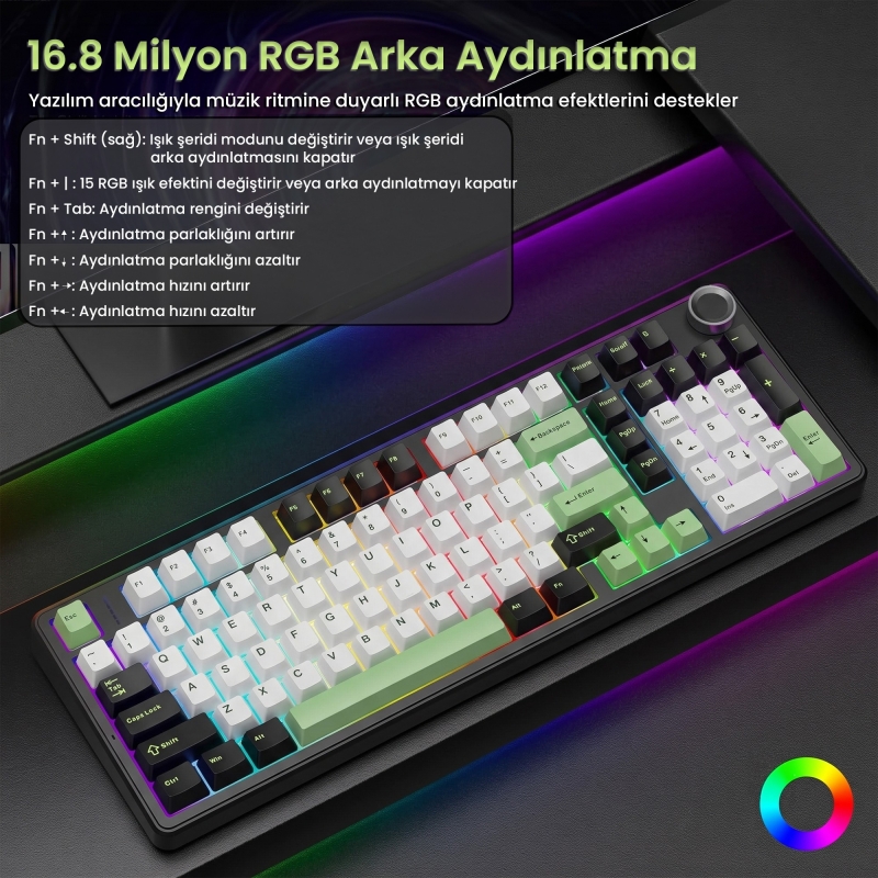 Aula F99 Pro 3 Modlu RGB Hot Swap Mekanik Star Vector Switch Kablosuz Makrolu Klavye Yesil - 4