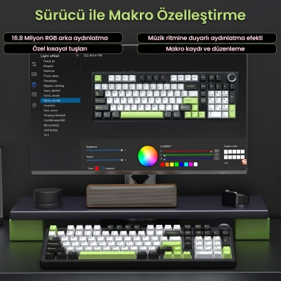 Aula F99 Pro 3 Modlu RGB Hot Swap Mekanik Star Vector Switch Kablosuz Makrolu Klavye Yesil - 6