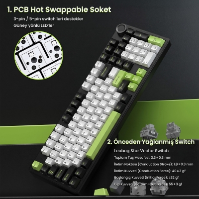 Aula F99 Pro 3 Modlu RGB Hot Swap Mekanik Star Vector Switch Kablosuz Makrolu Klavye Yesil - 8