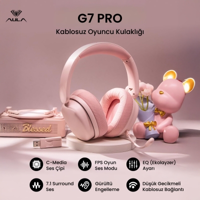 AULA G7 PRO Tri Mode Oyuncu Kulaklığı 7.1 Surround Ses RGB Işıklı Çıkartılabilir Mikrofonlu Kulak Üstü Gaming Kulaklık Pembe - 2