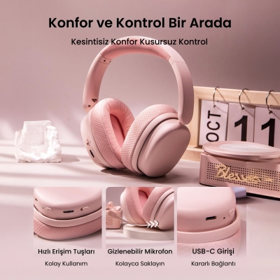 AULA G7 PRO Tri Mode Oyuncu Kulaklığı 7.1 Surround Ses RGB Işıklı Çıkartılabilir Mikrofonlu Kulak Üstü Gaming Kulaklık Pembe - 7