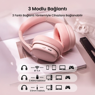 AULA G7 PRO Tri Mode Oyuncu Kulaklığı 7.1 Surround Ses RGB Işıklı Çıkartılabilir Mikrofonlu Kulak Üstü Gaming Kulaklık Pembe - 8