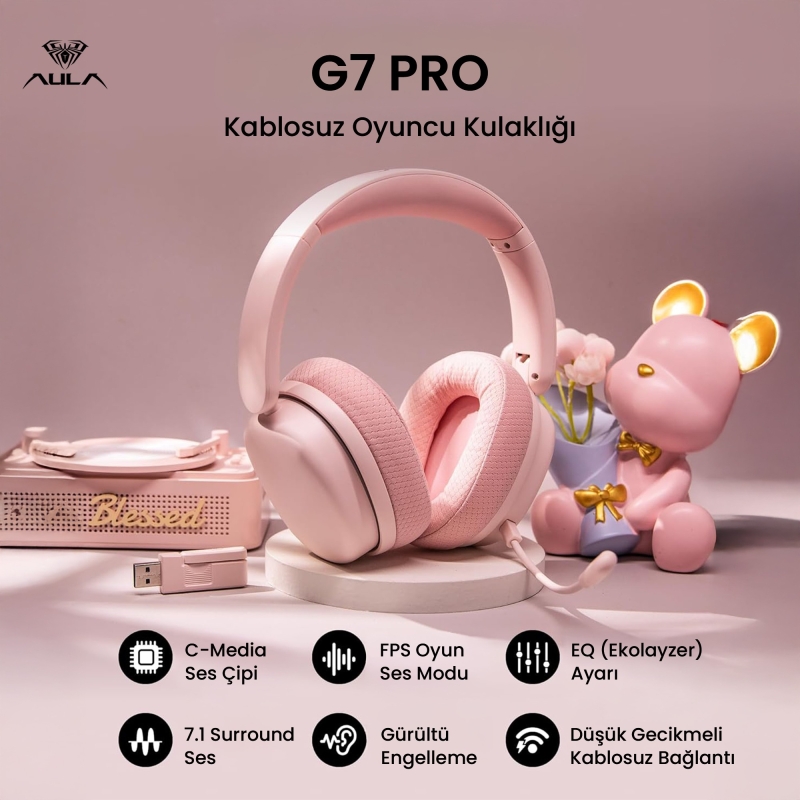 Aula G7 PRO Tri Mode Kablosuz RGB Gaming Mikrofonlu Oyuncu Kulaklığı 7.1 Surround Ses 40mm Driver Düşük Gecikme E-Spor Kulaklık Pembe - 2