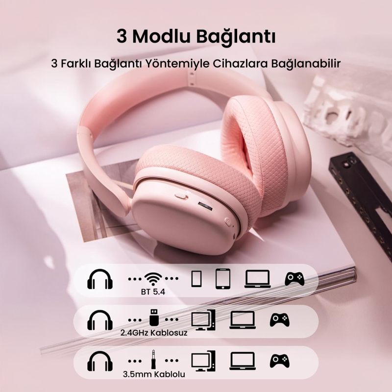 Aula G7 PRO Tri Mode Kablosuz RGB Gaming Mikrofonlu Oyuncu Kulaklığı 7.1 Surround Ses 40mm Driver Düşük Gecikme E-Spor Kulaklık Pembe - 8