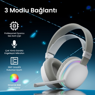 Aula G7 Tri Mode Kablosuz RGB Gaming Mikrofonlu Oyuncu Kulaklığı 40mm Driver Gürültü Engelleyici Mikrofonlu Kulaklık Beyaz - 2