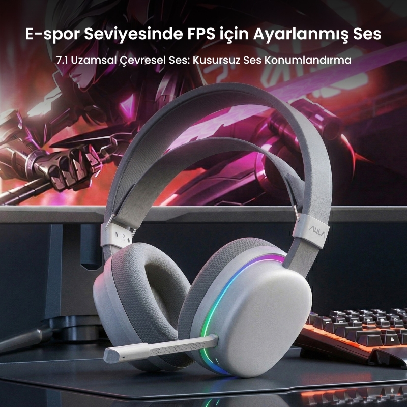 Aula G7 Tri Mode Kablosuz RGB Gaming Mikrofonlu Oyuncu Kulaklığı 40mm Driver Gürültü Engelleyici Mikrofonlu Kulaklık Beyaz - 3