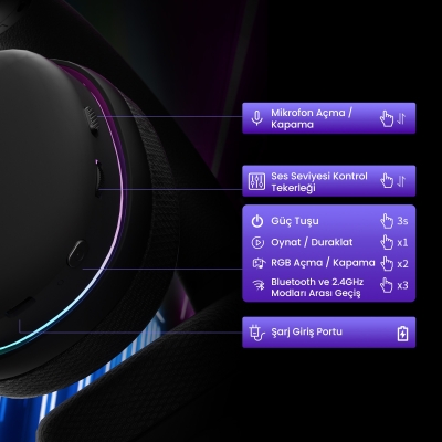 Aula G7 Tri Mode Kablosuz RGB Gaming Mikrofonlu Oyuncu Kulaklığı 40mm Driver Gürültü Engelleyici Mikrofonlu Kulaklık Beyaz - 6
