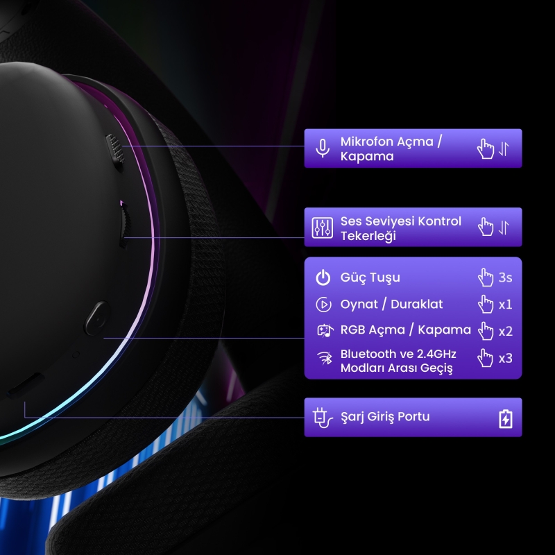 Aula G7 Tri Mode Kablosuz RGB Gaming Mikrofonlu Oyuncu Kulaklığı 40mm Driver Gürültü Engelleyici Mikrofonlu Kulaklık Beyaz - 6