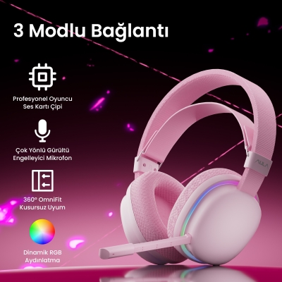 Aula G7 Tri Mode Kablosuz RGB Gaming Mikrofonlu Oyuncu Kulaklığı 40mm Driver Gürültü Engelleyici Mikrofonlu Kulaklık Pembe - 2