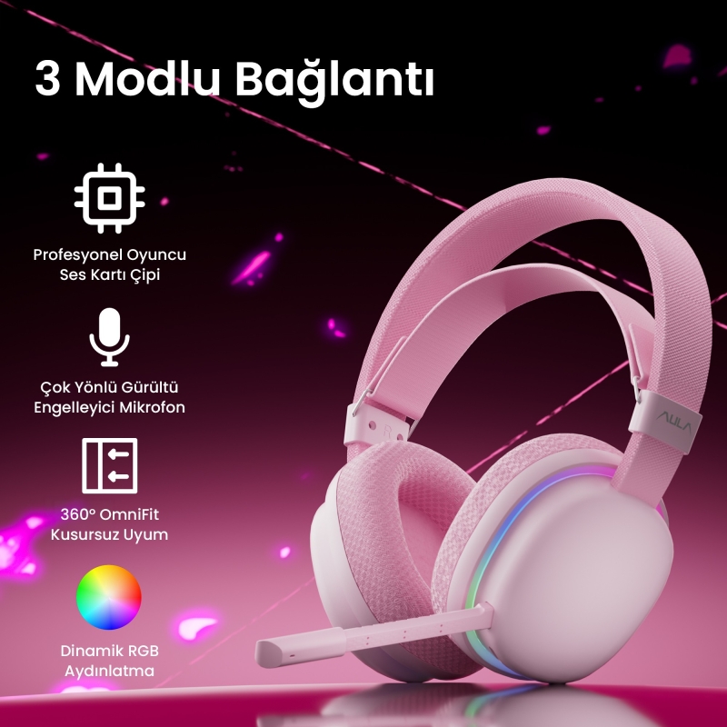 Aula G7 Tri Mode Kablosuz RGB Gaming Mikrofonlu Oyuncu Kulaklığı 40mm Driver Gürültü Engelleyici Mikrofonlu Kulaklık Pembe - 2