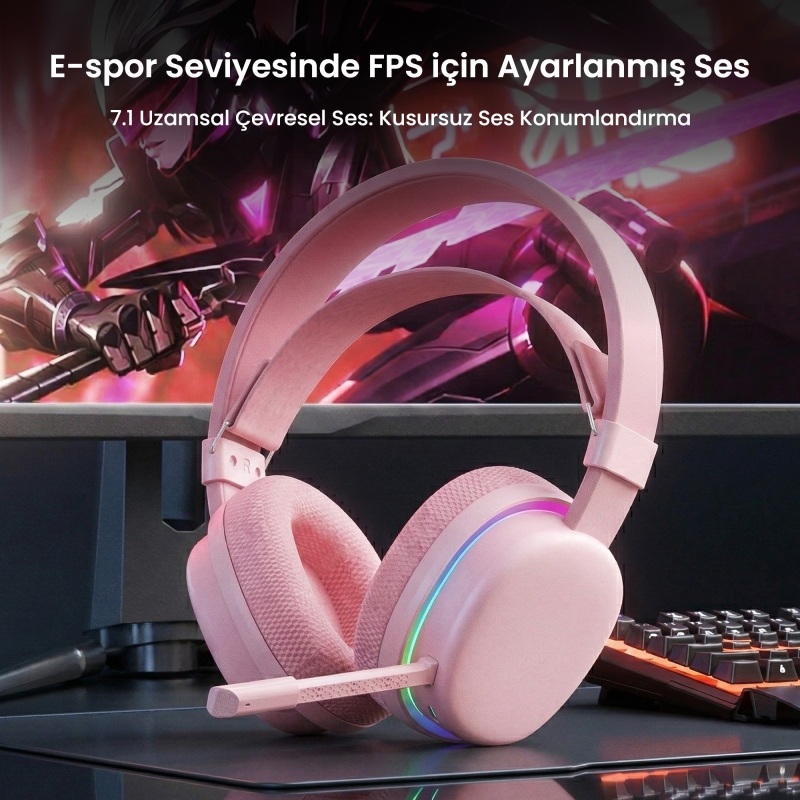 Aula G7 Tri Mode Kablosuz RGB Gaming Mikrofonlu Oyuncu Kulaklığı 40mm Driver Gürültü Engelleyici Mikrofonlu Kulaklık Pembe - 3