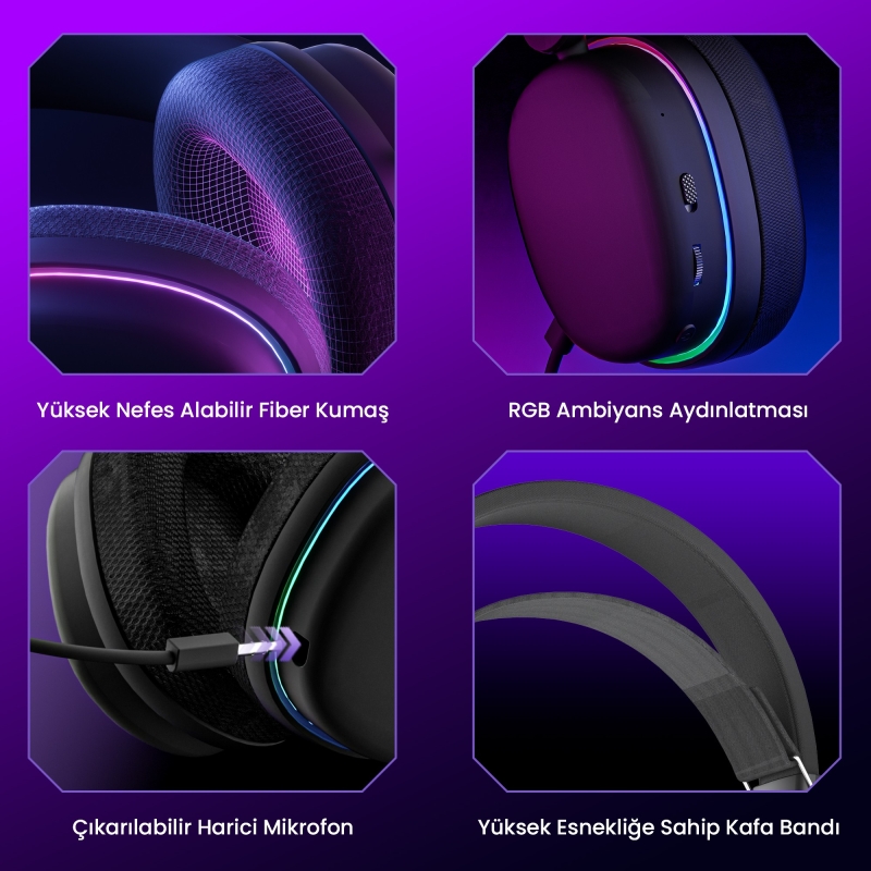 Aula G7 Tri Mode Kablosuz RGB Gaming Mikrofonlu Oyuncu Kulaklığı 40mm Driver Gürültü Engelleyici Mikrofonlu Kulaklık Pembe - 4