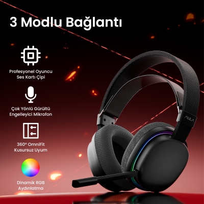 Aula G7 Tri Mode Kablosuz RGB Gaming Mikrofonlu Oyuncu Kulaklığı 40mm Driver Gürültü Engelleyici Mikrofonlu Kulaklık Siyah - 2