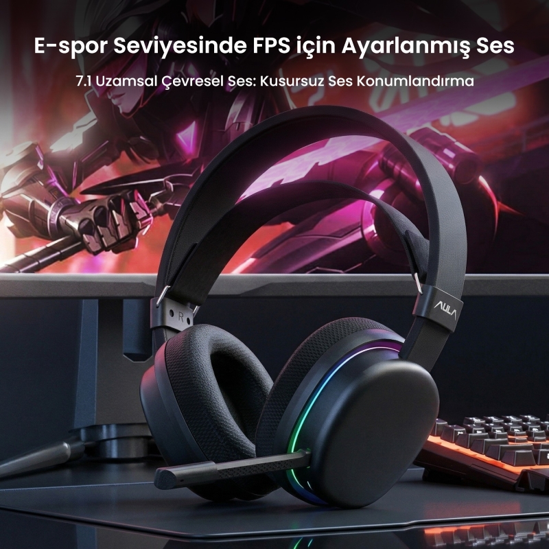 Aula G7 Tri Mode Kablosuz RGB Gaming Mikrofonlu Oyuncu Kulaklığı 40mm Driver Gürültü Engelleyici Mikrofonlu Kulaklık Siyah - 3