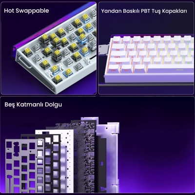 Aula Hero 68 He Manyetik Klavye Rapid Trigger Black King Switch 8000Hz RGB Neon TKL Hot Swap Oyuncu Klavyesi Beyaz - 5
