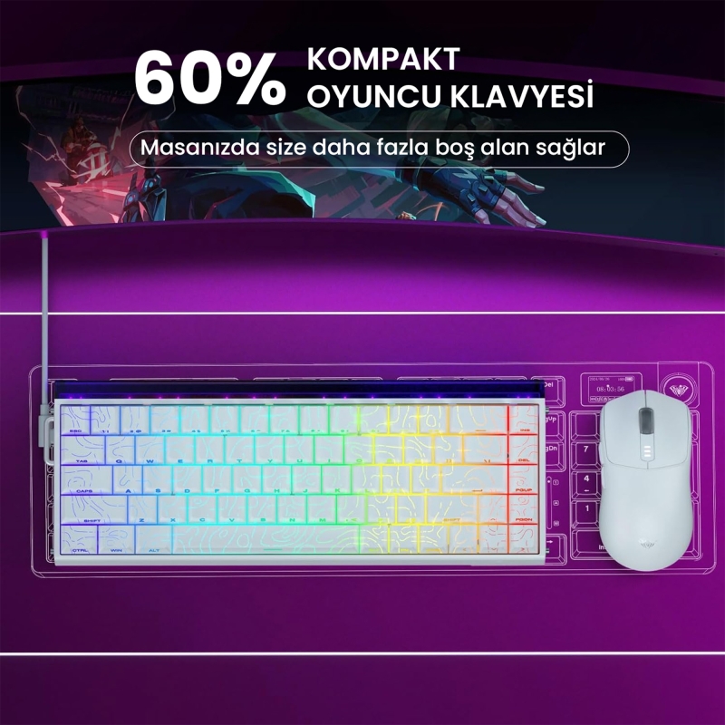 Aula Hero 68 He Manyetik Klavye Rapid Trigger Black King Switch 8000Hz RGB Neon TKL Hot Swap Oyuncu Klavyesi Desenli Beyaz - 7
