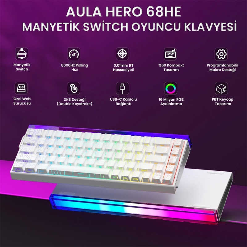 Aula Hero 68 He Manyetik Klavye Rapid Trigger Black King Switch 8000Hz RGB Neon TKL Hot Swap Oyuncu Klavyesi Desenli Beyaz - 2