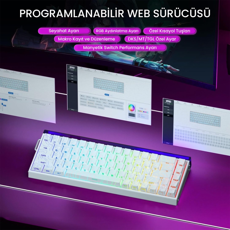 Aula Hero 68 He Manyetik Klavye Rapid Trigger Black King Switch 8000Hz RGB Neon TKL Hot Swap Oyuncu Klavyesi Desenli Beyaz - 5