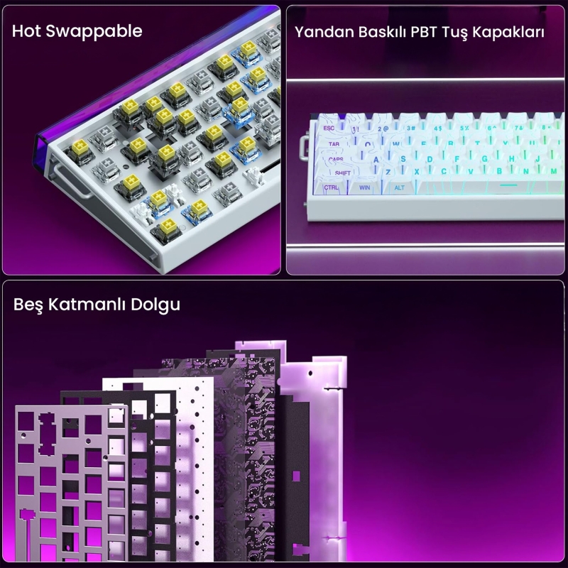 Aula Hero 68 He Manyetik Klavye Rapid Trigger Black King Switch 8000Hz RGB Neon TKL Hot Swap Oyuncu Klavyesi Desenli Beyaz - 6