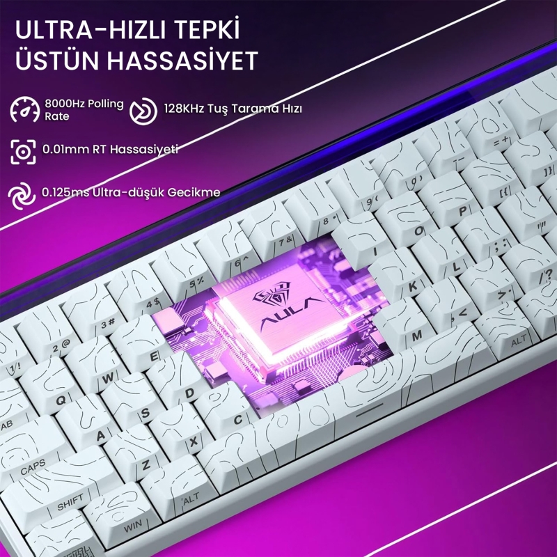 Aula Hero 68 He Manyetik Klavye Rapid Trigger Black King Switch 8000Hz RGB Neon TKL Hot Swap Oyuncu Klavyesi Desenli Beyaz - 4