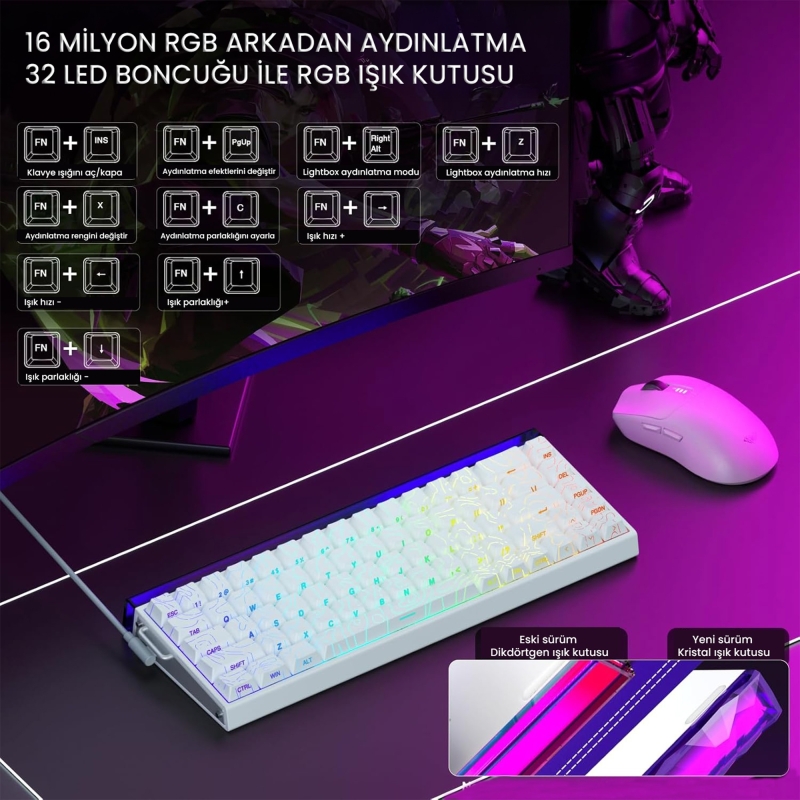 Aula Hero 68 He Manyetik Klavye Rapid Trigger Black King Switch 8000Hz RGB Neon TKL Hot Swap Oyuncu Klavyesi Desenli Beyaz - 4