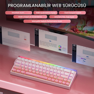 Aula Hero 68 He Manyetik Klavye Rapid Trigger Black King Switch 8000Hz RGB Neon TKL Hot Swap Oyuncu Klavyesi Pembe - 5
