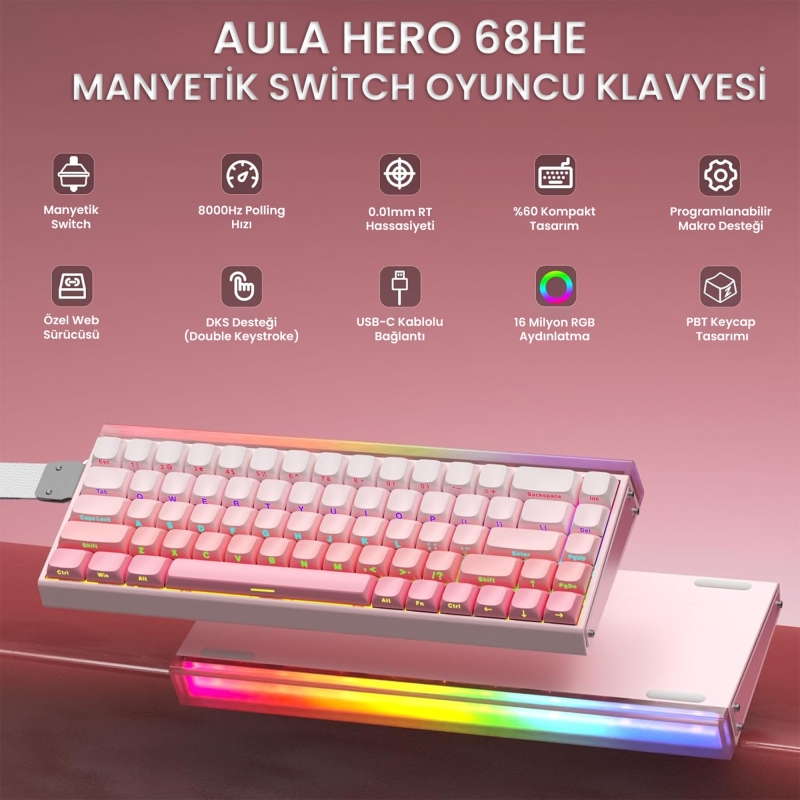 Aula Hero 68 He Manyetik Klavye Rapid Trigger Black King Switch 8000Hz RGB Neon TKL Hot Swap Oyuncu Klavyesi Pembe - 2