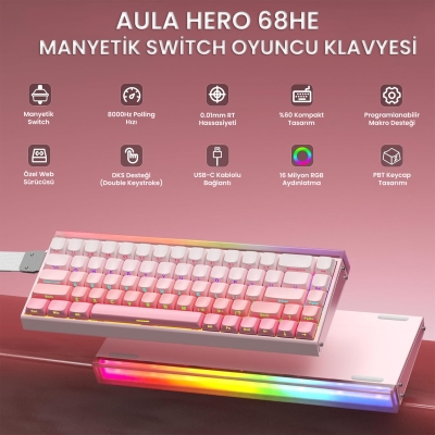 Aula Hero 68 He Manyetik Klavye Rapid Trigger Black King Switch 8000Hz RGB Neon TKL Hot Swap Oyuncu Klavyesi Pembe - 2